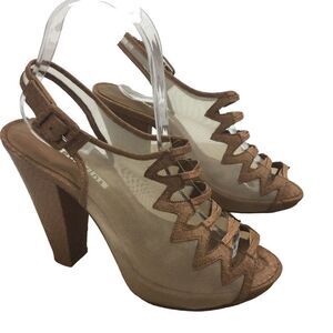 Reed Evins Anthropologie Women Mesh Leather Reptile Open Toe Heels Tan Ivory 7.5